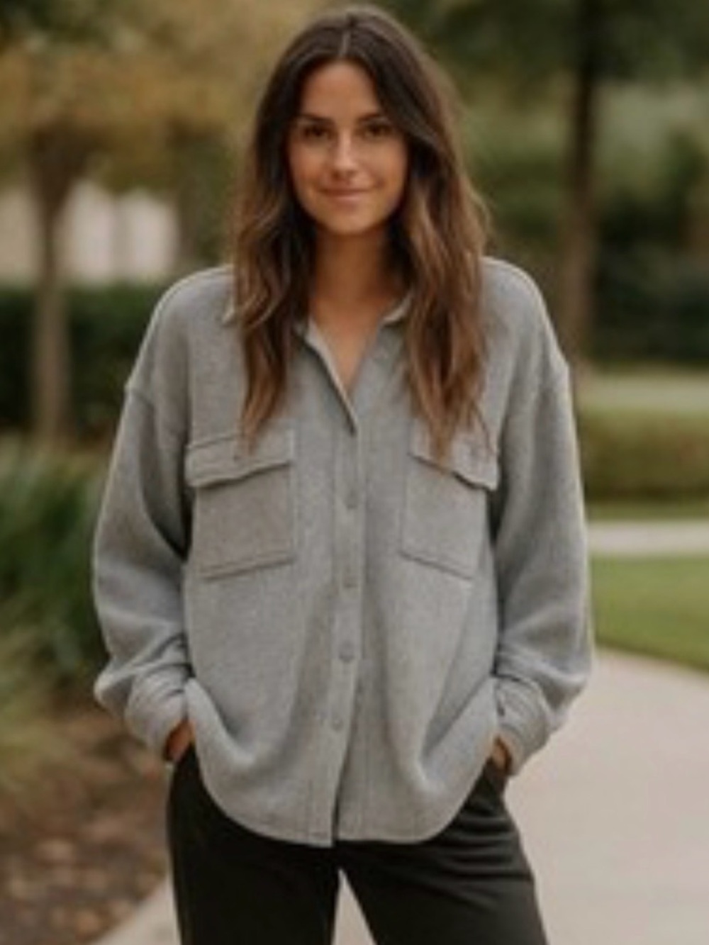 aerie Large LumberJane Waffle Knit Shirt Light Gray Button-Up Shacket - Picture 10 of 10